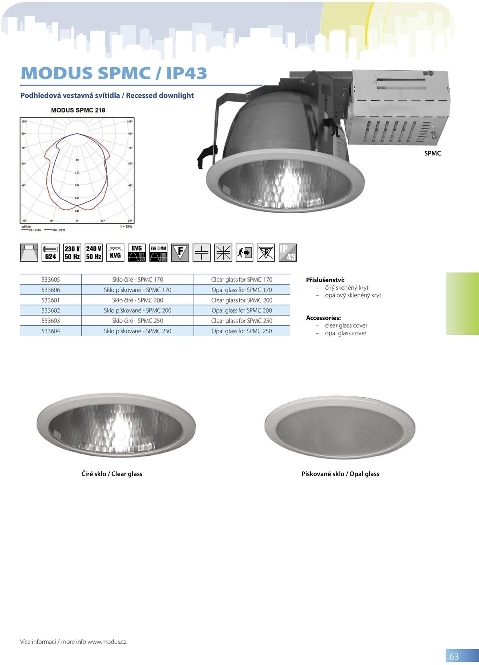 Sklo čiré - SPMC 250 Clear glass for SPMC 250 533604 Sklo pískované - SPMC 250 Opal glass for SPMC 250 Příslušenství: čirý