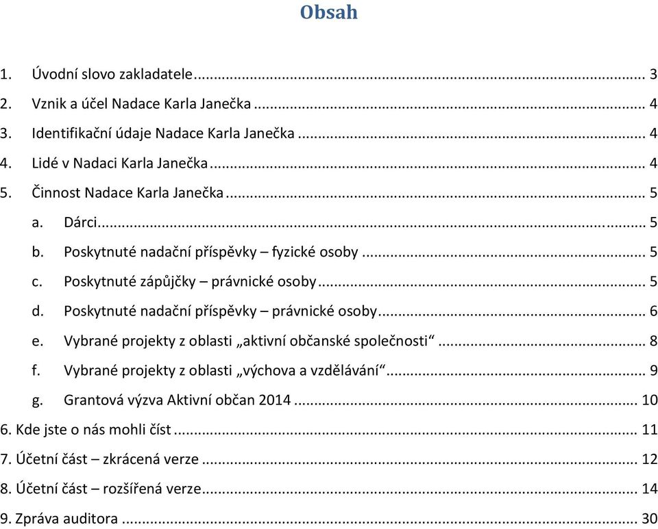 Poskytnuté nadační příspěvky právnické osoby... 6 e. Vybrané projekty z oblasti aktivní občanské společnosti... 8 f. Vybrané projekty z oblasti výchova a vzdělávání.