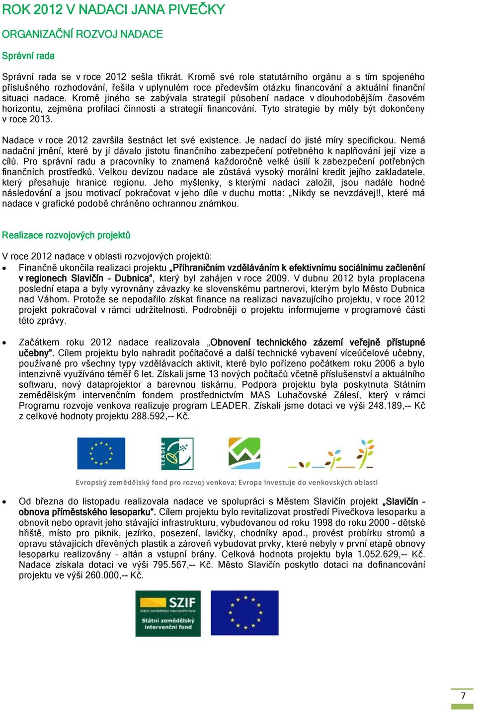 Kromě jiného se zabývala strategií působení nadace v dlouhodobějším časovém horizontu, zejména profilací činnosti a strategií financování. Tyto strategie by měly být dokončeny v roce 2013.