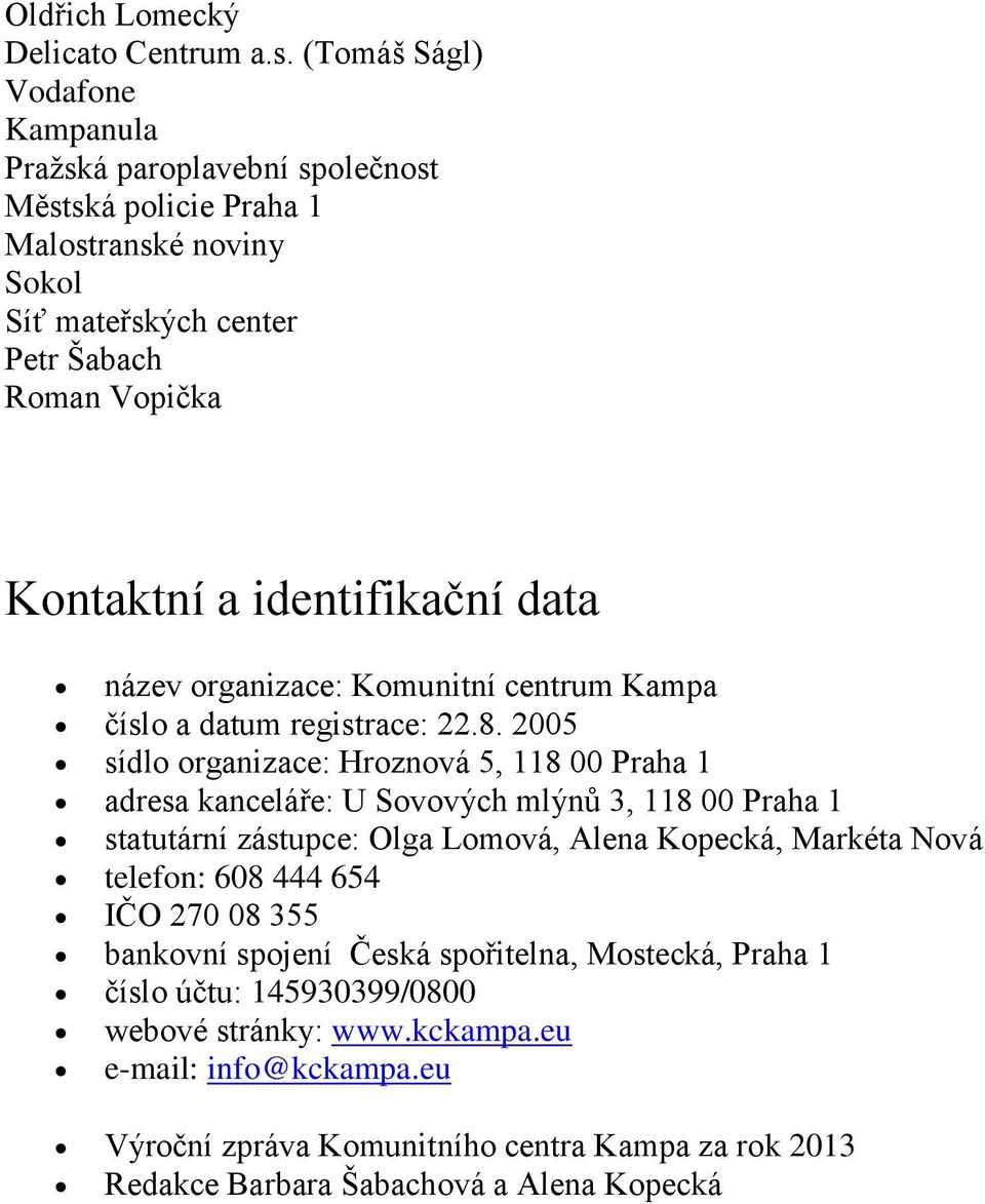 identifikační data název organizace: Komunitní centrum Kampa číslo a datum registrace: 22.8.