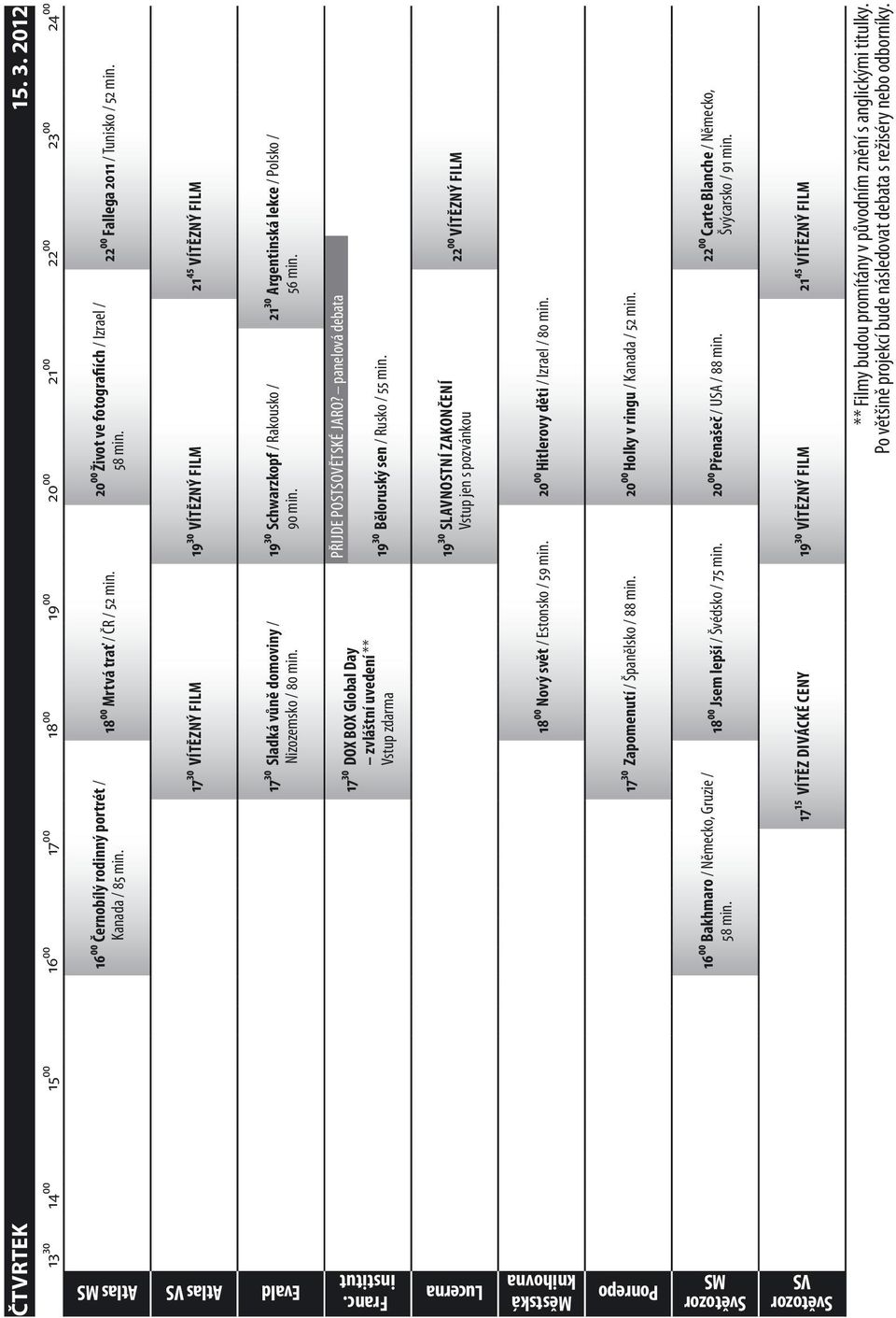 19 30 Schwarzkopf / Rakousko / 90 min. 21 30 Argentinská lekce / Polsko / 56 min. 17 30 DOX BOX Global Day zvláštní uvedení ** Vstup zdarma PŘIJDE POSTSOVĚTSKÉ JARO?
