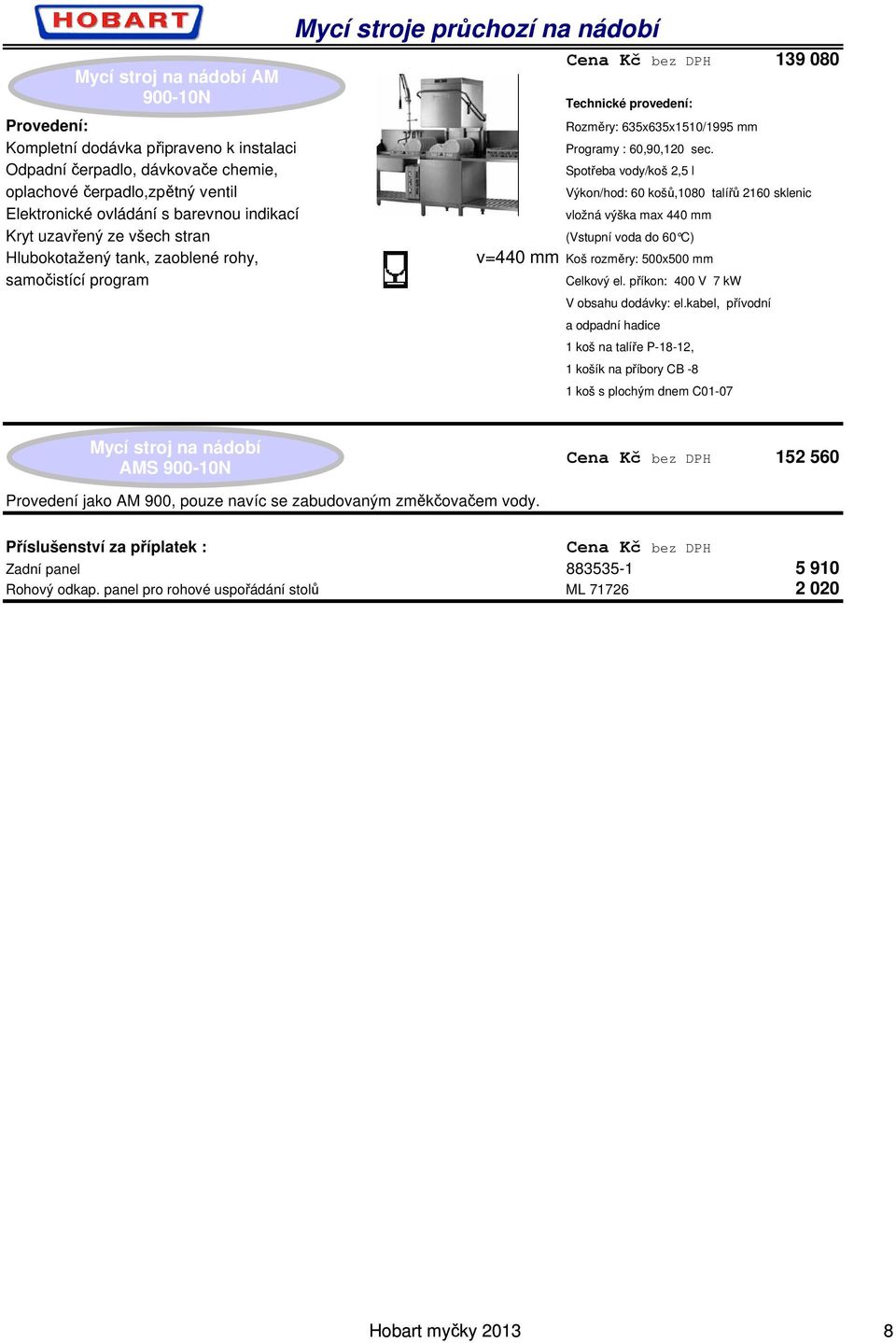 Spotřeba vody/koš 2,5 l Výkon/hod: 60 košů,1080 talířů 2160 sklenic vložná výška max 440 mm v=440 mm Koš rozměry: 500x500 mm Celkový el.