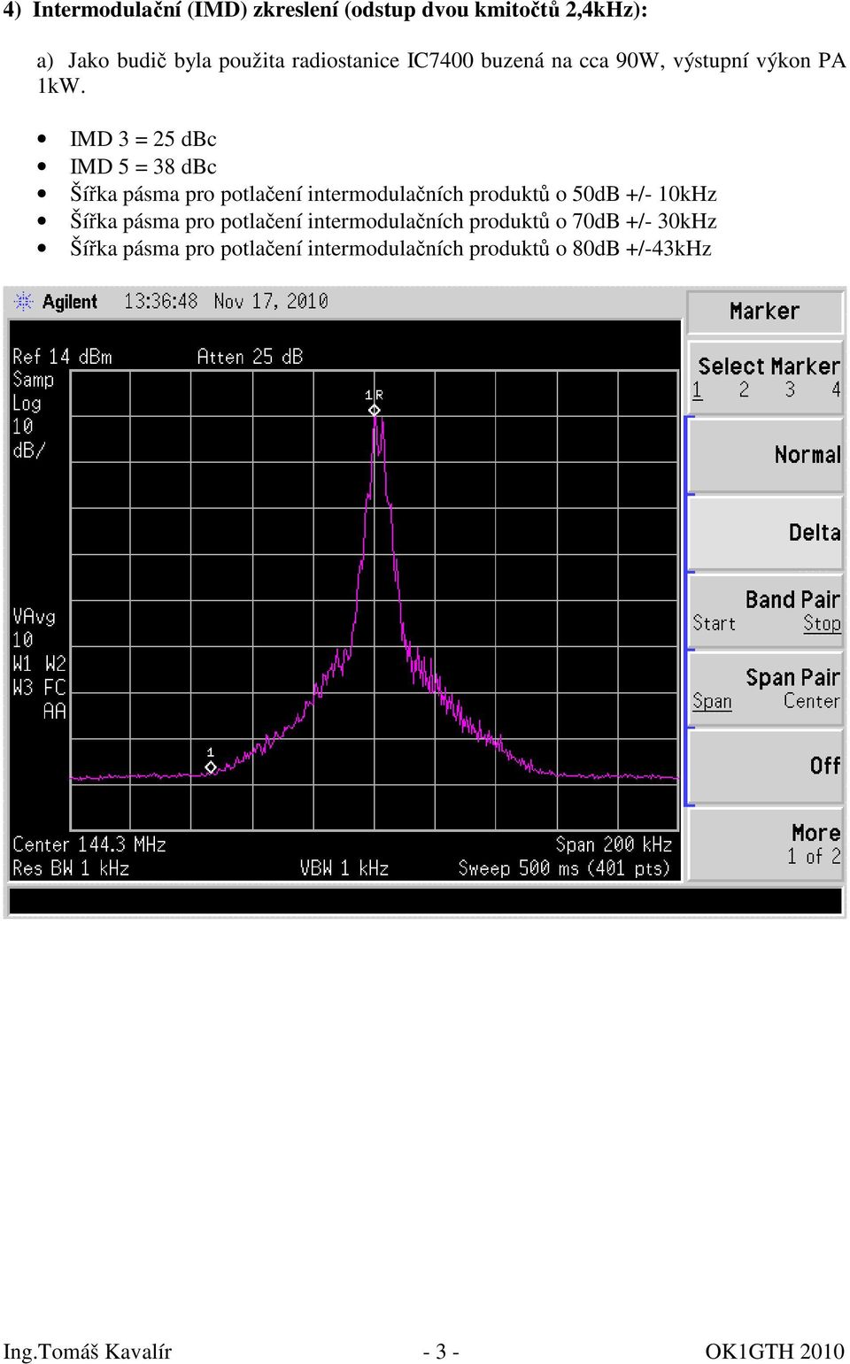 IMD 3 = 25 dbc IMD 5 = 38 dbc Šířka pásma pro potlačení intermodulačních produktů o 50dB +/- 10kHz Šířka