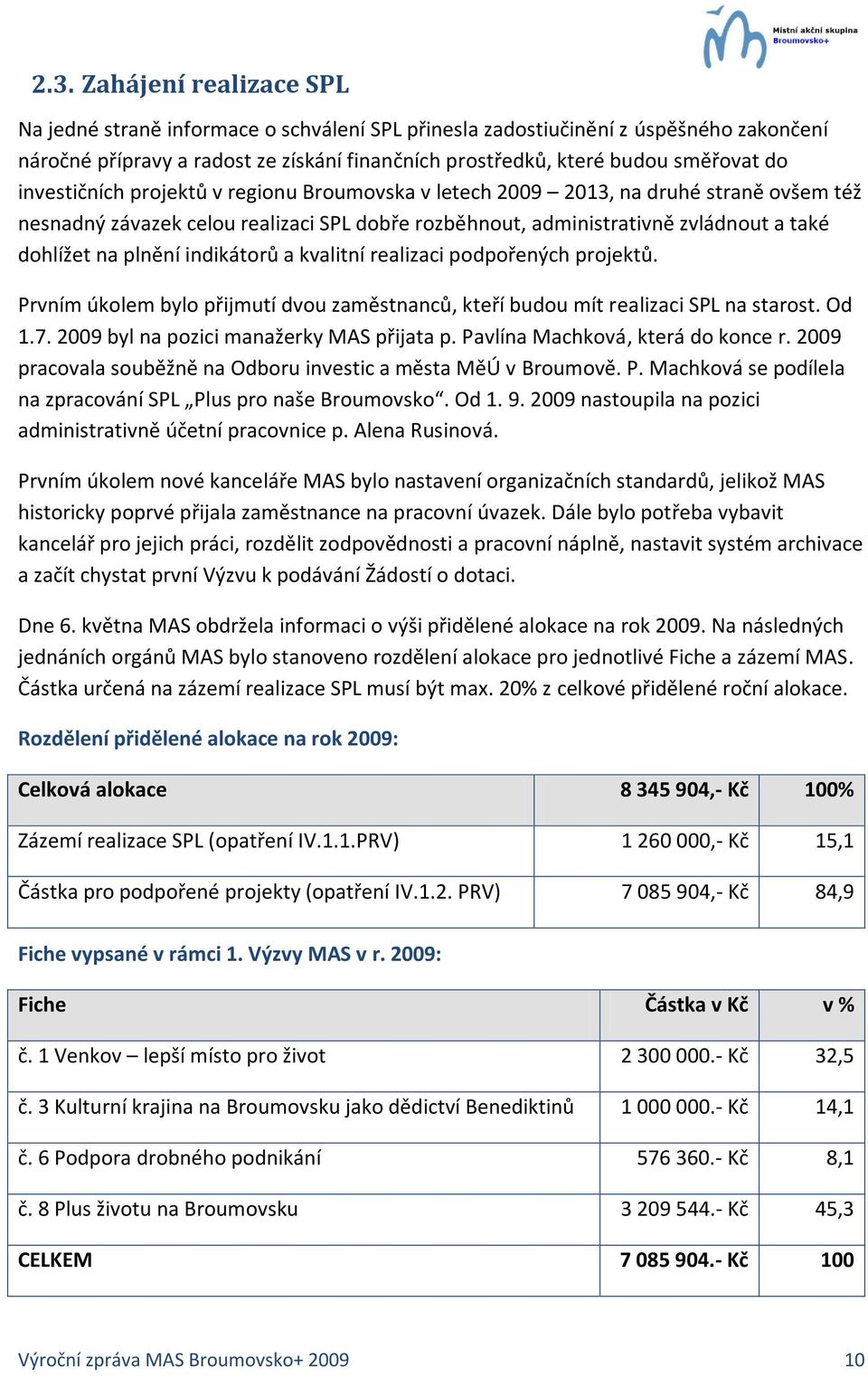 indikátorů a kvalitní realizaci podpořených projektů. Prvním úkolem bylo přijmutí dvou zaměstnanců, kteří budou mít realizaci SPL na starost. Od 1.7. 2009 byl na pozici manažerky MAS přijata p.