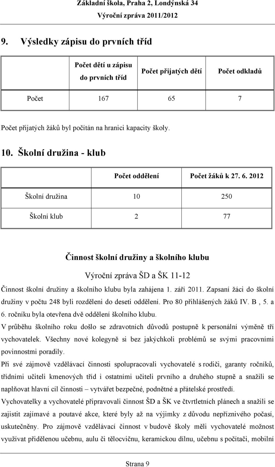 2012 Školní družina 10 250 Školní klub 2 77 Činnost školní družiny a školního klubu Výroční zpráva ŠD a ŠK 11-12 Činnost školní družiny a školního klubu byla zahájena 1. září 2011.