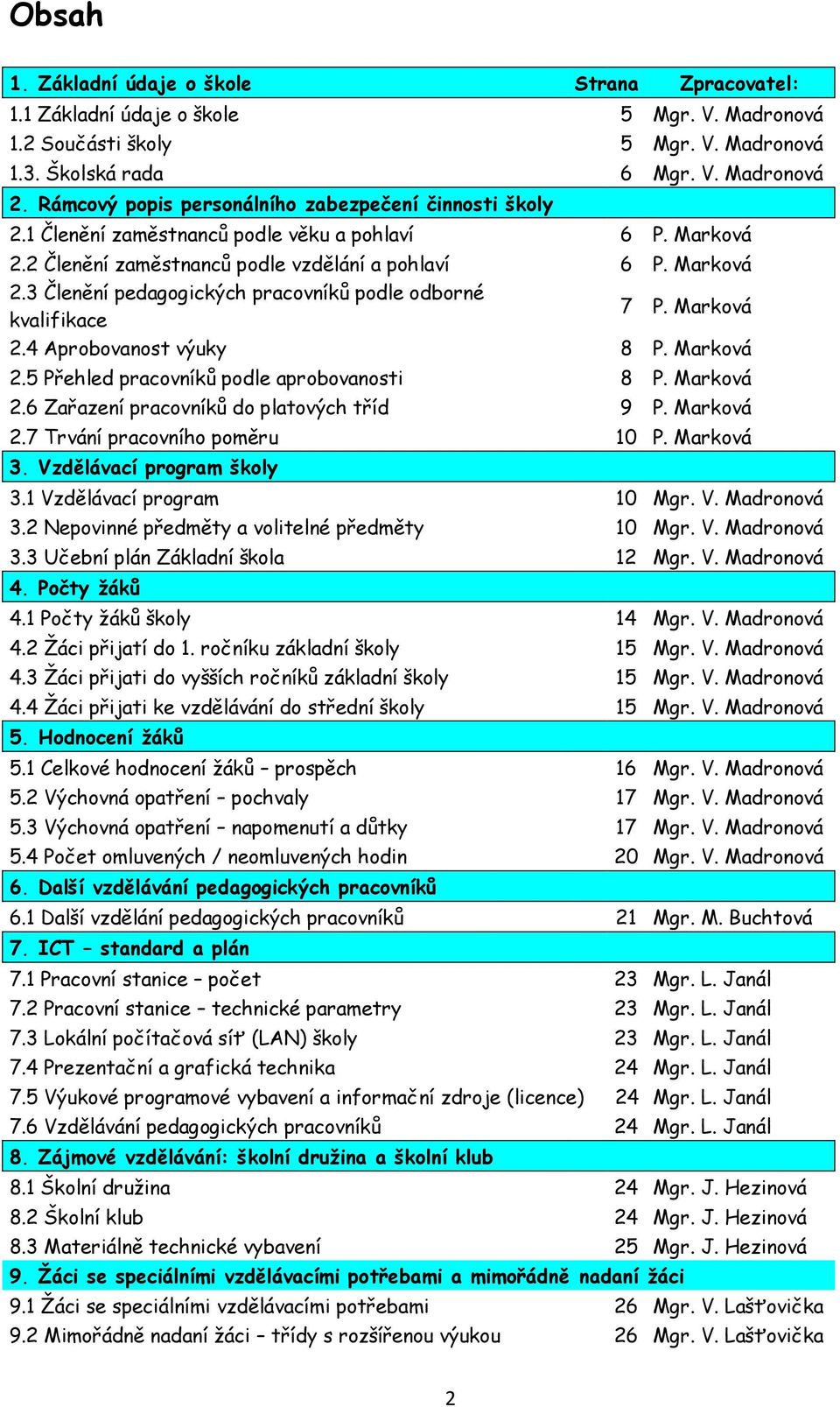 Marková 2.4 Aprobovanost výuky 8 P. Marková 2.5 Přehled pracovníků podle aprobovanosti 8 P. Marková 2.6 Zařazení pracovníků do platových tříd 9 P. Marková 2.7 Trvání pracovního poměru 10 P. Marková 3.