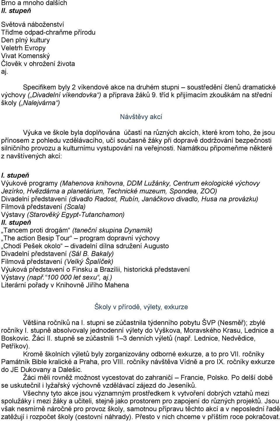 tříd k přijímacím zkouškám na střední školy ( Nalejvárna ) Návštěvy akcí Výuka ve škole byla doplňována účastí na různých akcích, které krom toho, ţe jsou přínosem z pohledu vzdělávacího, učí