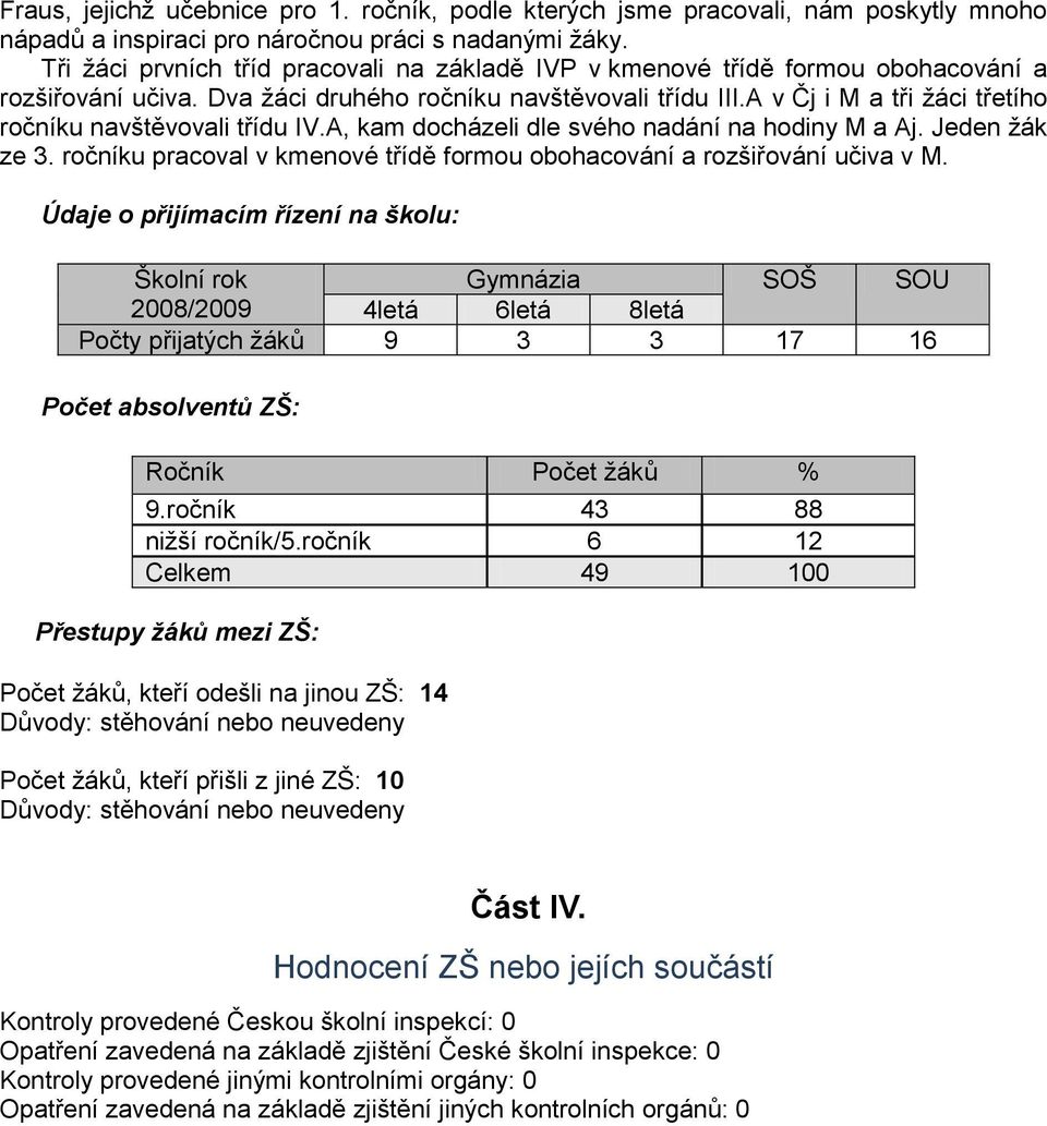 A v Čj i M a tři ţáci třetího ročníku navštěvovali třídu IV.A, kam docházeli dle svého nadání na hodiny M a Aj. Jeden ţák ze 3.