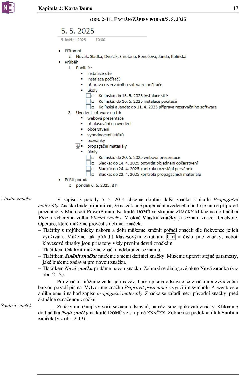 Na kartě DOMŮ ve skupině ZNAČKY klikneme do tlačítka Více a vybereme volbu Vlastní značky. V okně Vlastní značky je seznam značek OneNote.