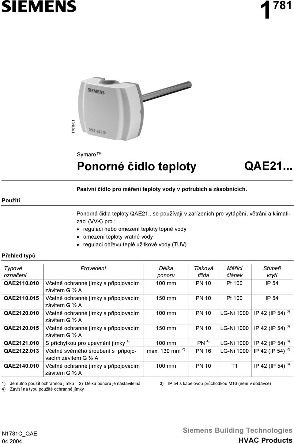 Typové označení Provedení Délka ponoru Tlaková třída Měřící článek Stupeň krytí 100 mm PN 10 Pt 100 IP 54 150 mm PN 10 Pt 100 IP 54 100 mm PN 10 LG-Ni 1000 IP 42 (IP 54) 3) 150 mm PN 10 LG-Ni 1000 IP