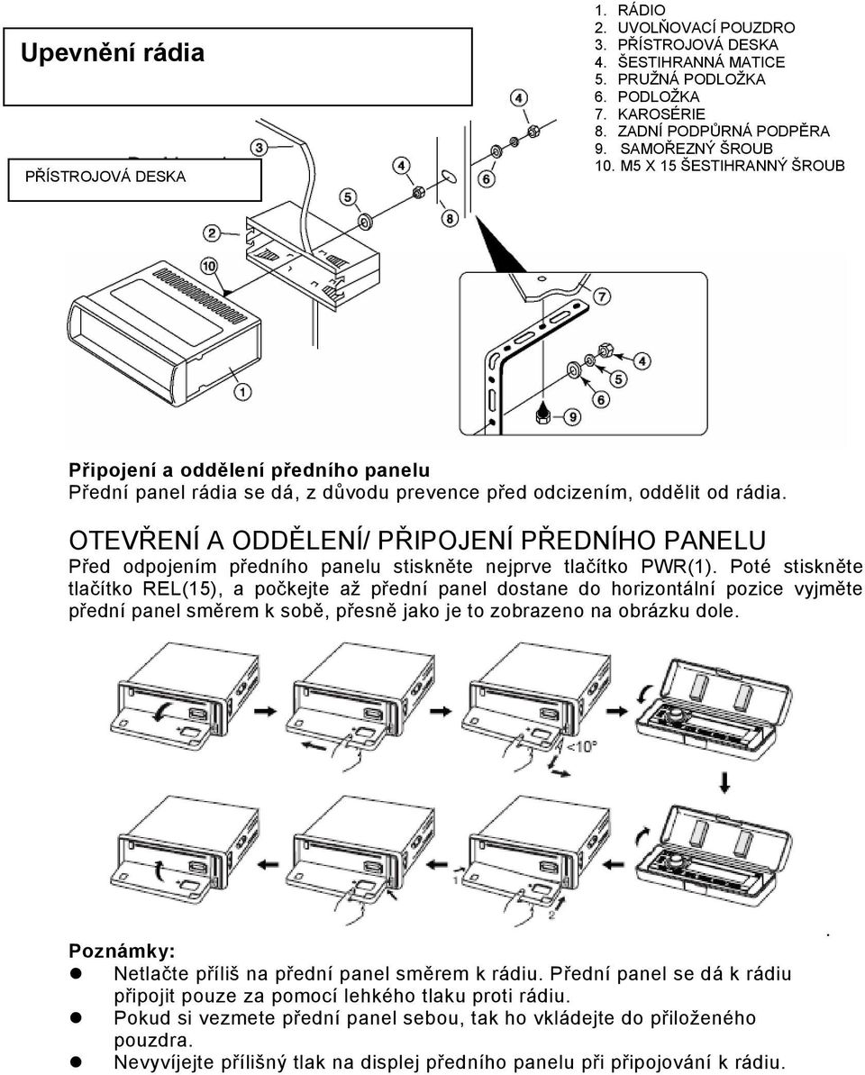 OTEVŘENÍ A ODDĚLENÍ/ PŘIPOJENÍ PŘEDNÍHO PANELU Před odpojením předního panelu stiskněte nejprve tlačítko PWR(1).