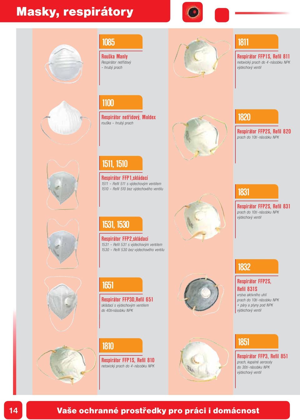 Respirátor FFP2,skládací 1531 Refil 531 s výdechovým ventilem 1530 Refil 530 bez výdechového ventilu 1651 Respirátor FFP3D,Refil 651 skládací s výdechovým ventilem do 40ti-násobku NPK 1831 Respirátor