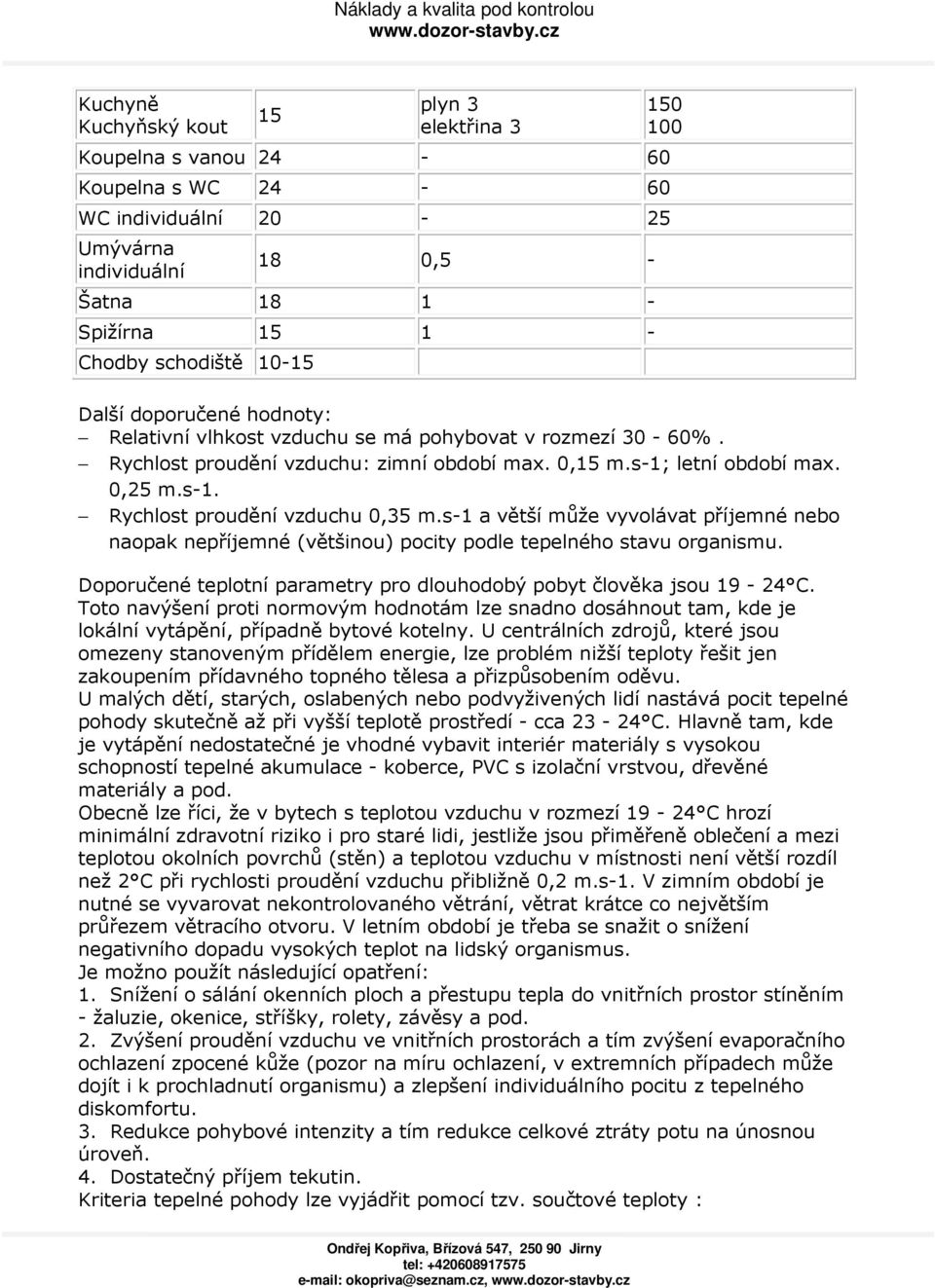 s-1 a větší může vyvolávat příjemné nebo naopak nepříjemné (většinou) pocity podle tepelného stavu organismu. Doporučené teplotní parametry pro dlouhodobý pobyt člověka jsou 19-24 C.