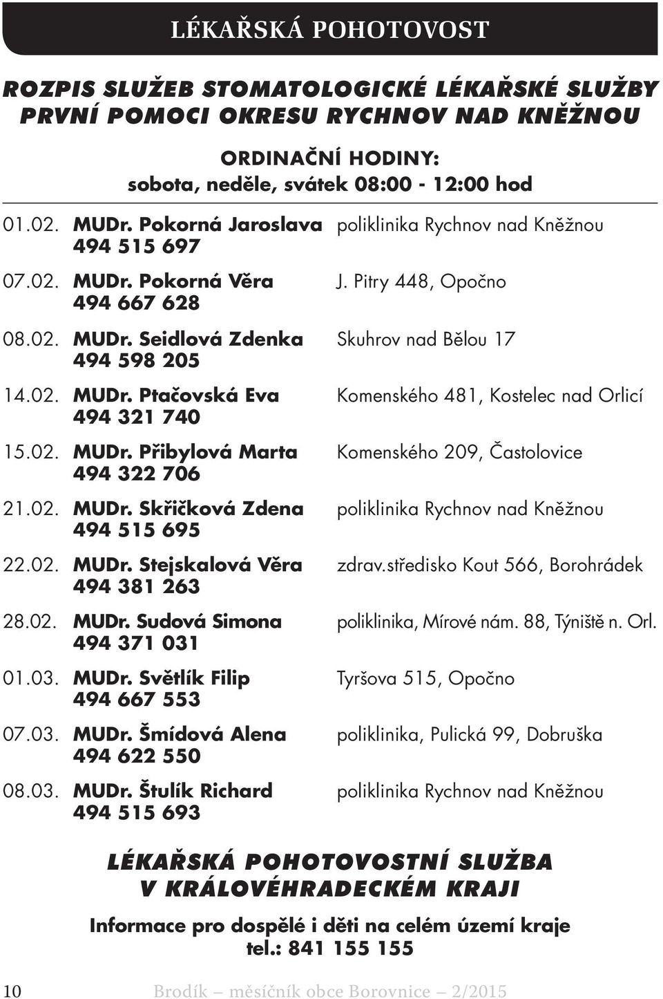 02. MUDr. Přibylová Marta Komenského 209, Častolovice 494 322 706 21.02. MUDr. Skřičková Zdena poliklinika Rychnov nad Kněžnou 494 515 695 22.02. MUDr. Stejskalová Věra zdrav.