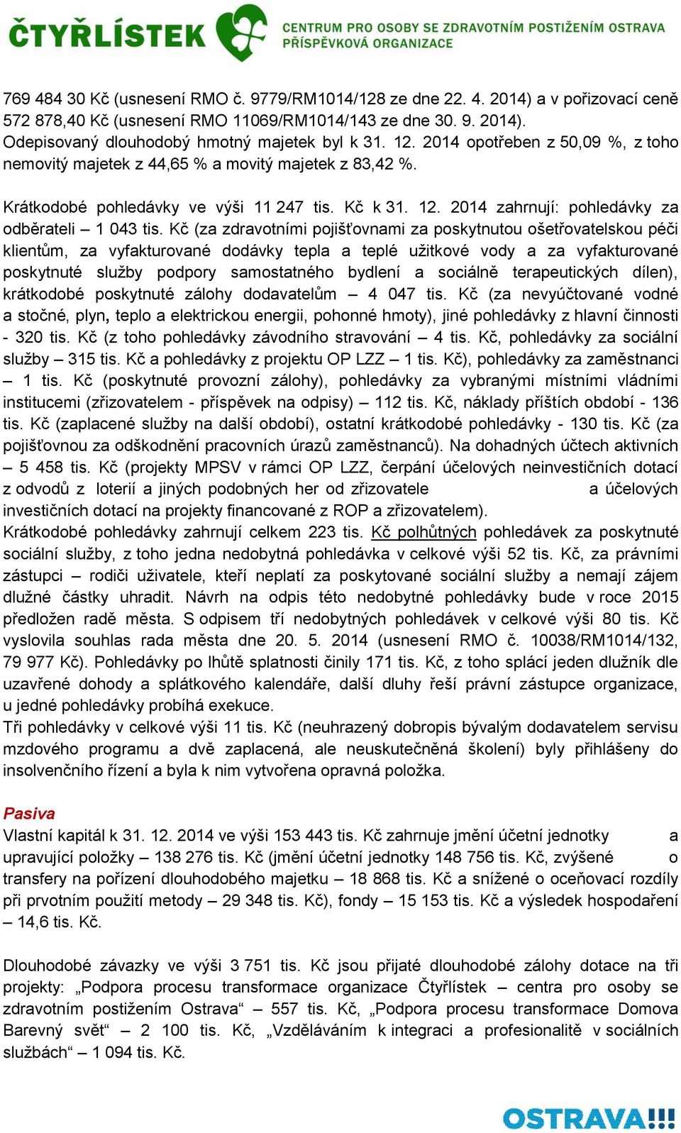 Kč (za zdravotními pojišťovnami za poskytnutou ošetřovatelskou péči klientům, za vyfakturované dodávky tepla a teplé užitkové vody a za vyfakturované poskytnuté služby podpory samostatného bydlení a