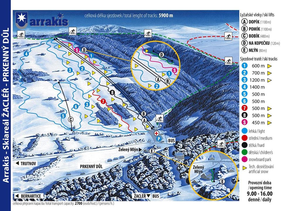 ) S D celková délka sjezdovek / total lenght of tracks: 5900 m 7 8 Zelený Mlýn B A ŽACLÉŘ E A 2 + BUS P D B 1 S BUS Zelený Mlýn E Lyžařské vleky / ski lifts A B C D E