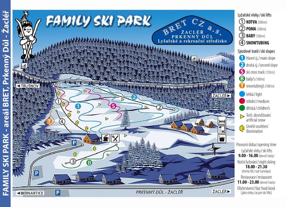 / second slope S ski cross track (150 m) B baby s (100 m) T snowtubing s (100 m) lehká / light střední / medium dětská / children s Tech.