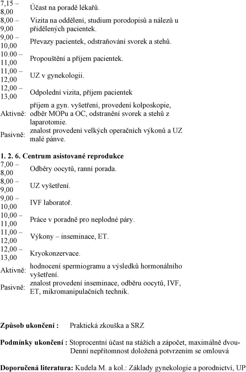 znalost provedení velkých operačních výkonů a UZ malé pánve. 1. 2. 6. Centrum asistované reprodukce 7,00 Odběry oocytů, ranní porada. 9,00 UZ vyšetření. 10,00 IVF laboratoř.