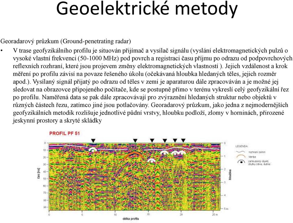 Jejich vzdálenost a krok měření po profilu závisí na povaze řešeného úkolu (očekávaná hloubka hledaných těles, jejich rozměr apod.).