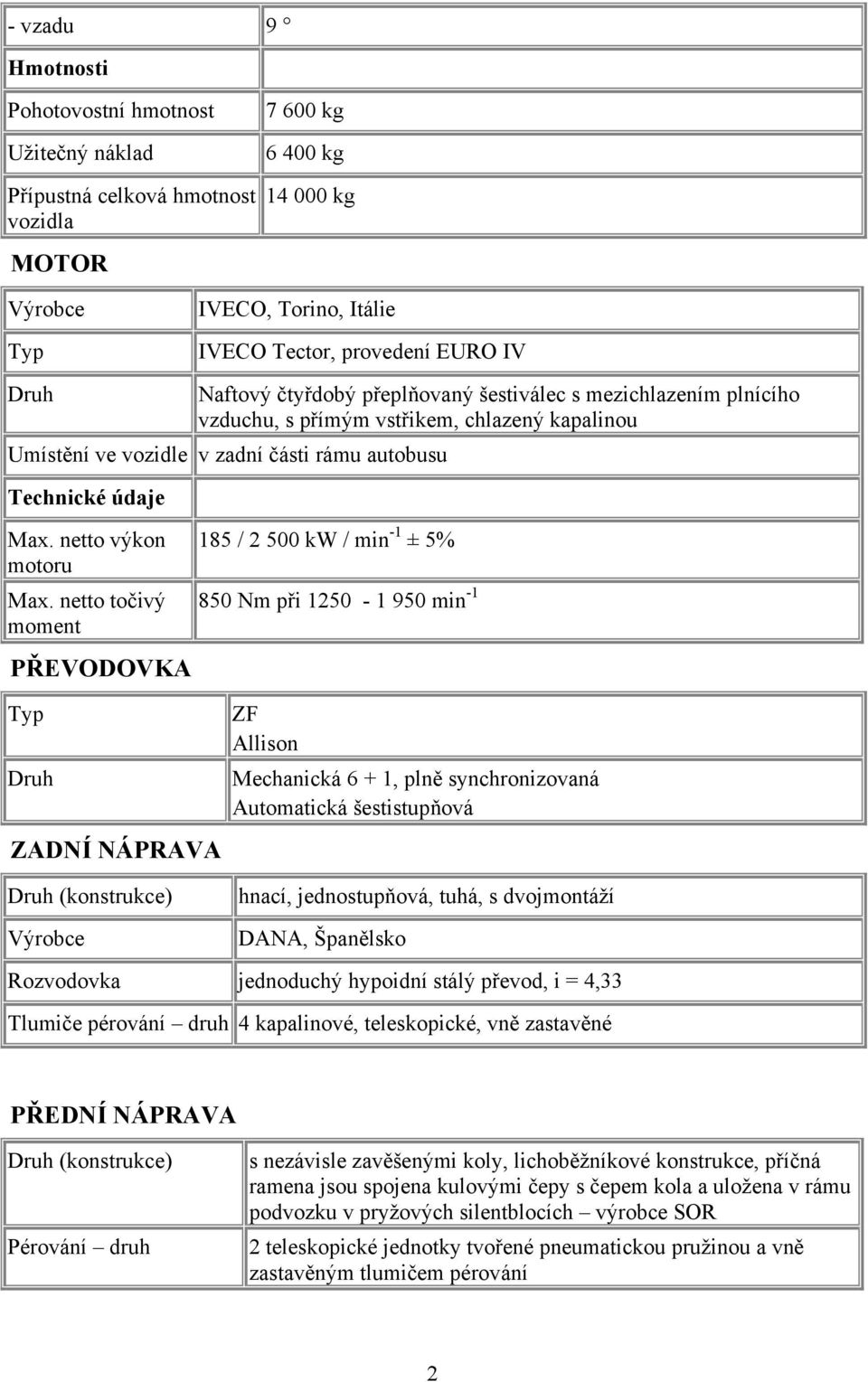 netto točivý moment PŘEVODOVKA Typ ZADNÍ NÁPRAVA 185 / 2 500 kw / min -1 ± 5% 850 Nm při 1250-1 950 min -1 ZF Allison Mechanická 6 + 1, plně synchronizovaná Automatická šestistupňová (konstrukce)