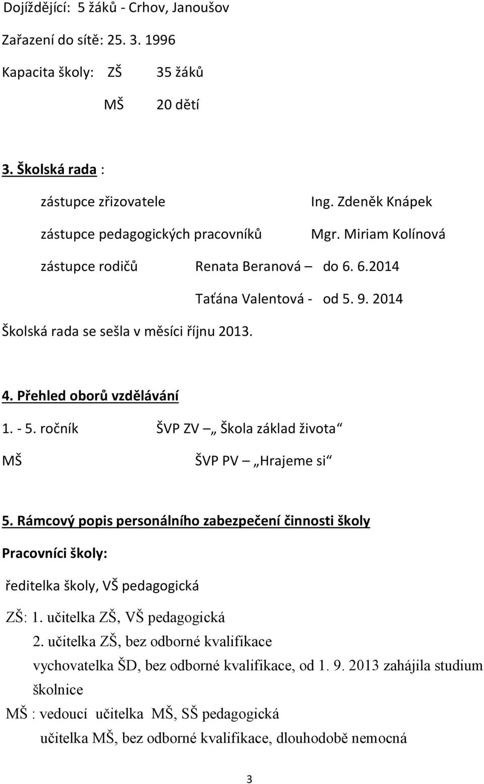 ročník ŠVP ZV Škola základ života MŠ ŠVP PV Hrajeme si 5. Rámcový popis personálního zabezpečení činnosti školy Pracovníci školy: ředitelka školy, VŠ pedagogická ZŠ: 1. učitelka ZŠ, VŠ pedagogická 2.