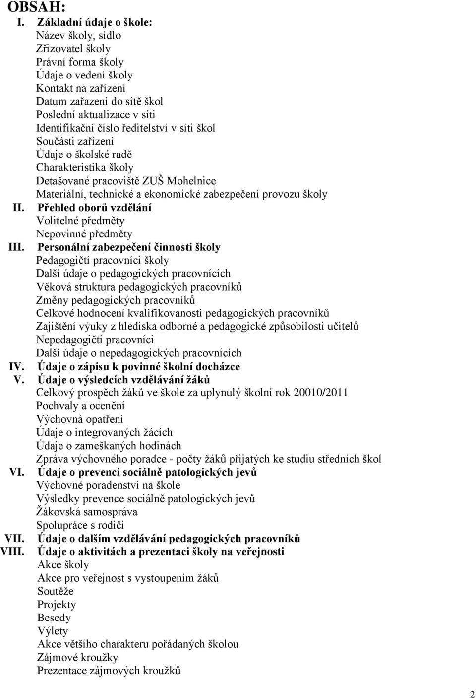 ředitelství v síti škol Součásti zařízení Údaje o školské radě Charakteristika školy Detašované pracoviště ZUŠ Mohelnice Materiální, technické a ekonomické zabezpečení provozu školy II.