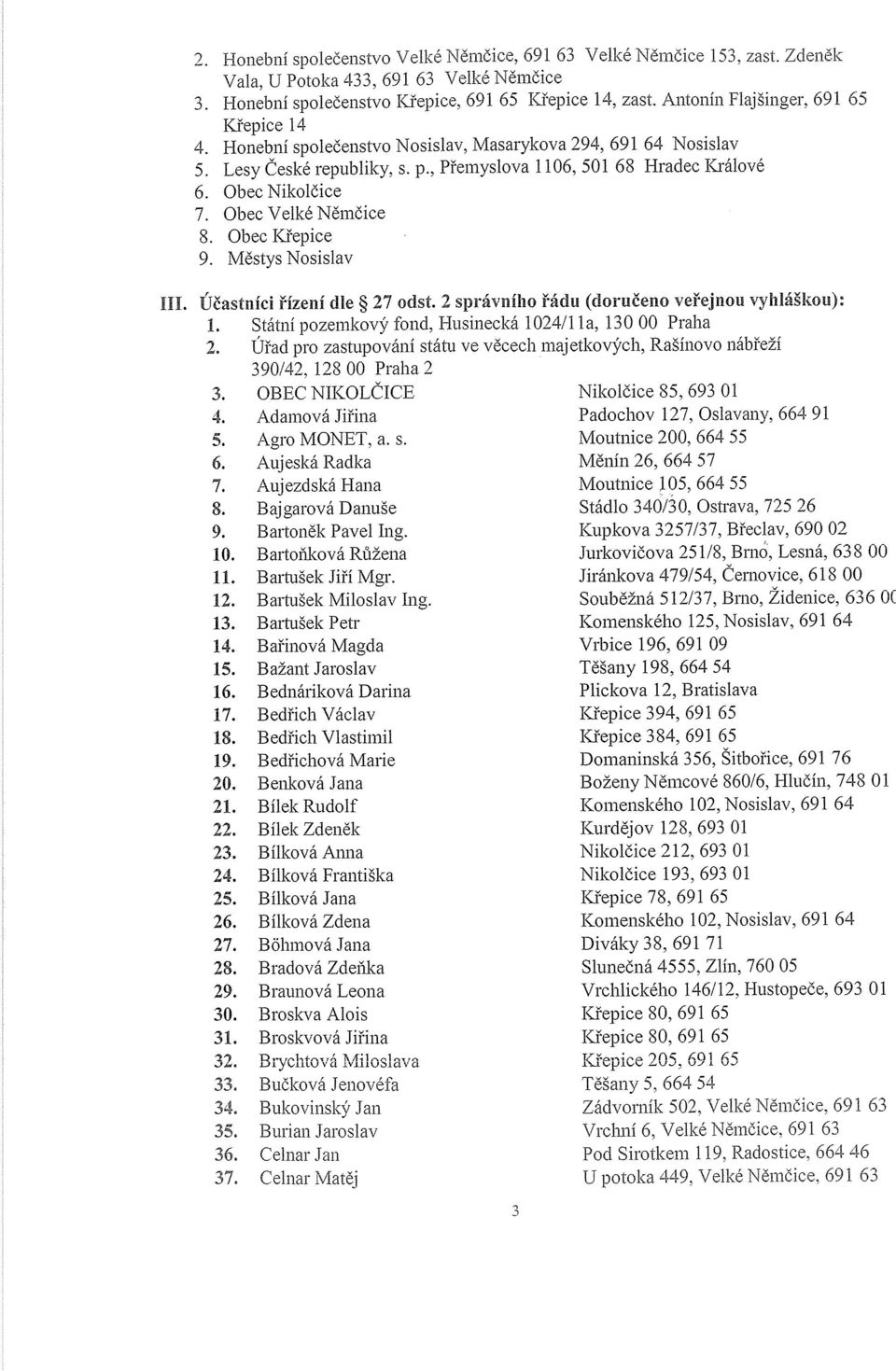 Obec Velké Němčice 8. Obec Křepice 9. Městys Nosislav III. Účastníci řízení dle ~ 27 odst. 2 správního řádu (doručeno veřejnou vyhláškou): 1.