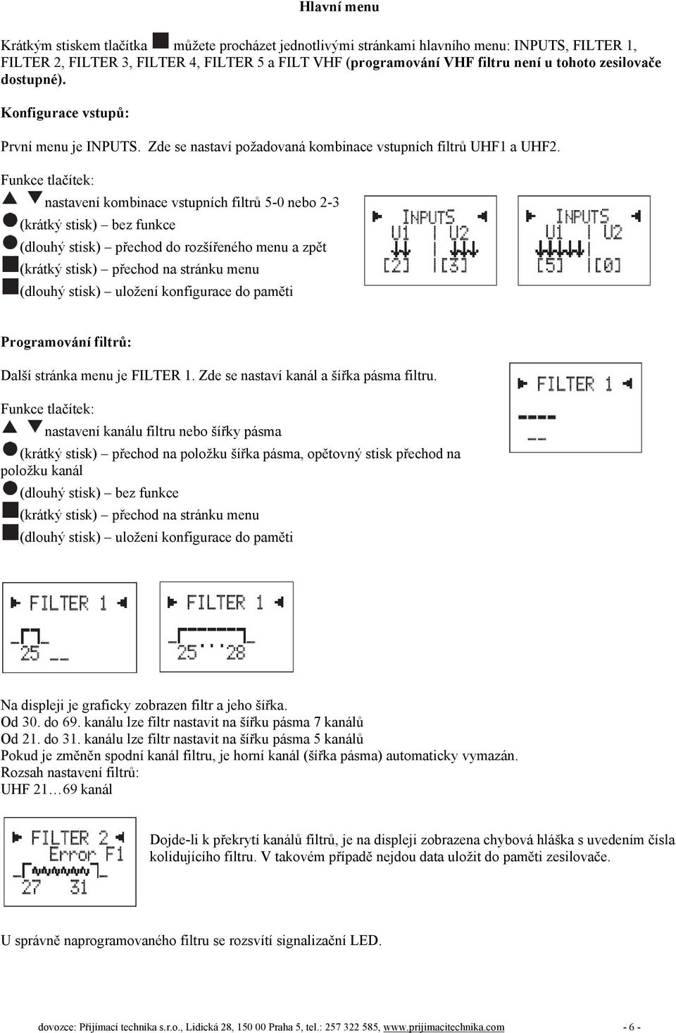 Funkce tlačítek: nastavení kombinace vstupních filtrů 5-0 nebo 2-3 (krátký stisk) bez funkce (dlouhý stisk) přechod do rozšířeného menu a zpět (krátký stisk) přechod na stránku menu (dlouhý stisk)