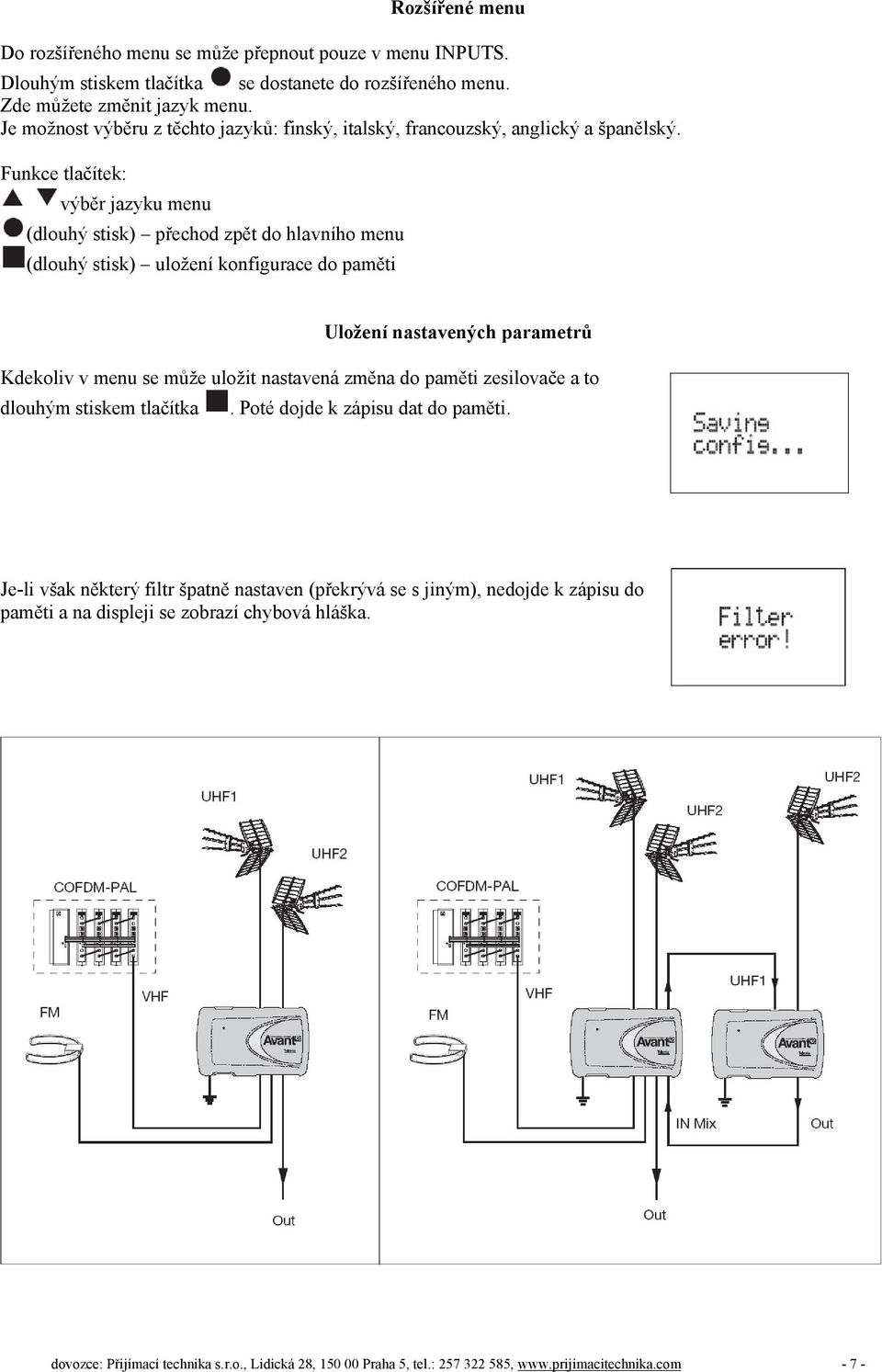 Funkce tlačítek: výběr jazyku menu (dlouhý stisk) přechod zpět do hlavního menu (dlouhý stisk) uložení konfigurace do paměti Uložení nastavených parametrů Kdekoliv v menu se může uložit nastavená