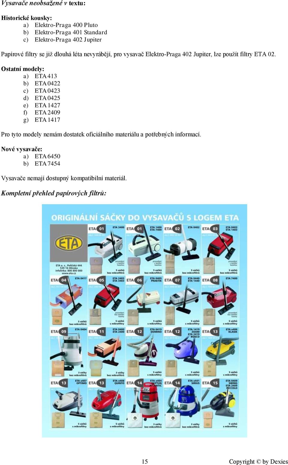 Ostatní modely: a) ETA 413 b) ETA 0422 c) ETA 0423 d) ETA 0425 e) ETA 1427 f) ETA 2409 g) ETA 1417 Pro tyto modely nemám dostatek oficiálního