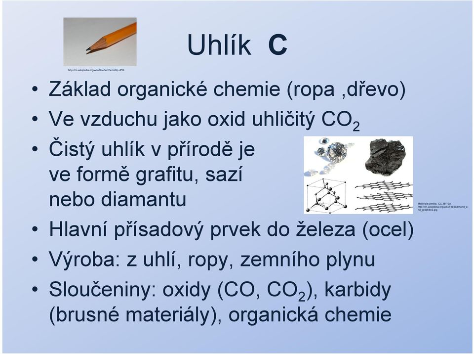 je ve formě grafitu, sazí nebo diamantu Hlavnípřísadový prvek do železa (ocel) Výroba: z uhlí, ropy,