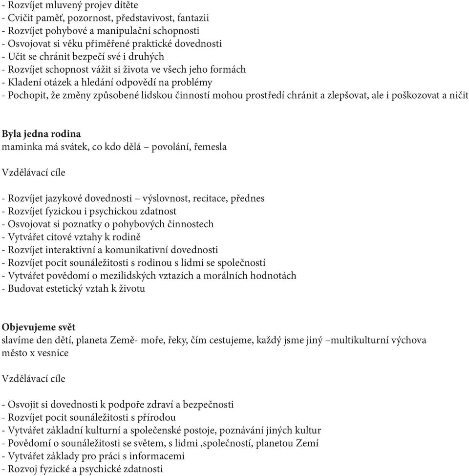 chránit a zlepšovat, ale i poškozovat a ničit Byla jedna rodina maminka má svátek, co kdo dělá povolání, řemesla - Rozvíjet jazykové dovednosti výslovnost, recitace, přednes - Rozvíjet fyzickou i