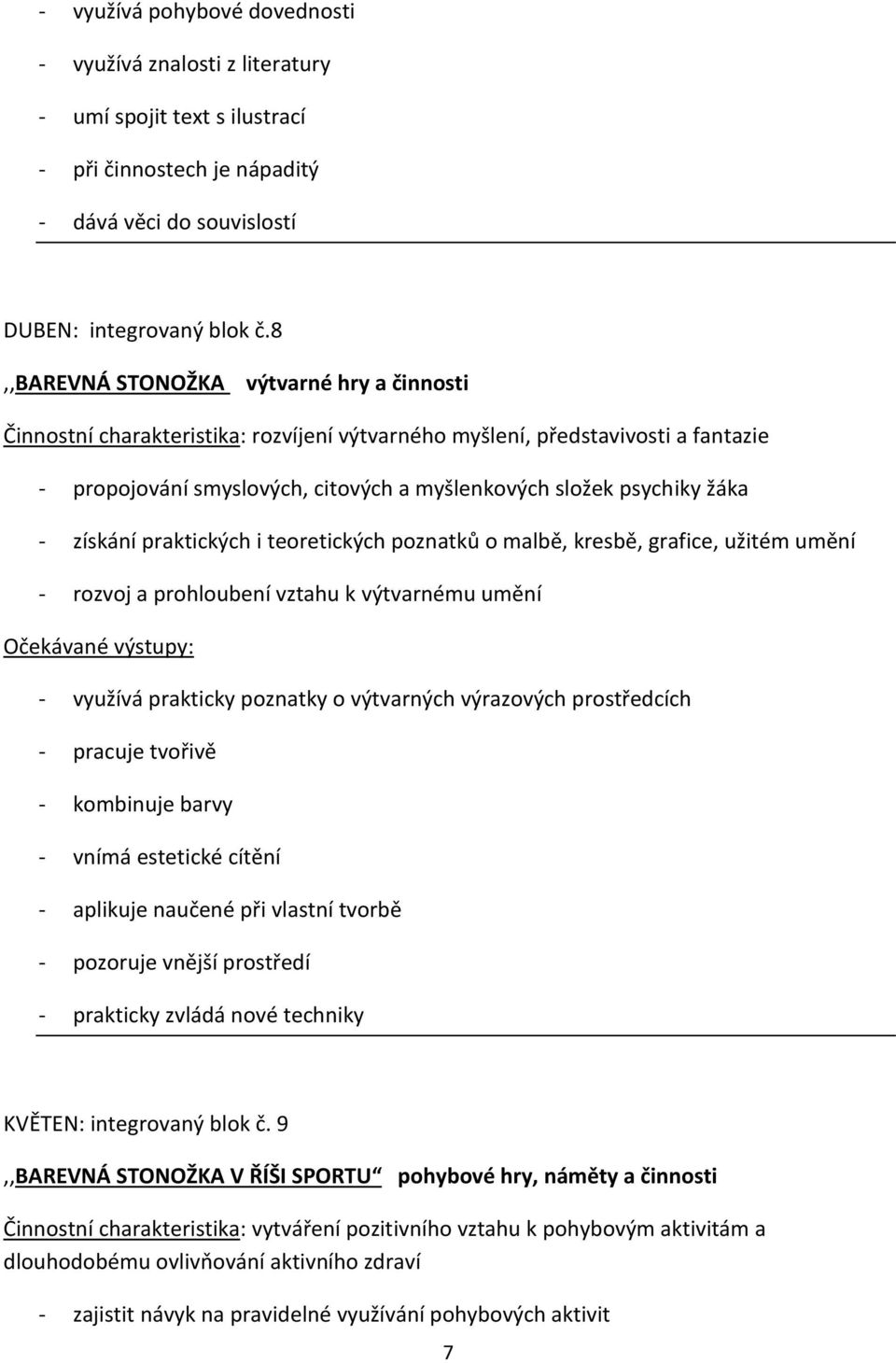 získání praktických i teoretických poznatků o malbě, kresbě, grafice, užitém umění - rozvoj a prohloubení vztahu k výtvarnému umění - využívá prakticky poznatky o výtvarných výrazových prostředcích -