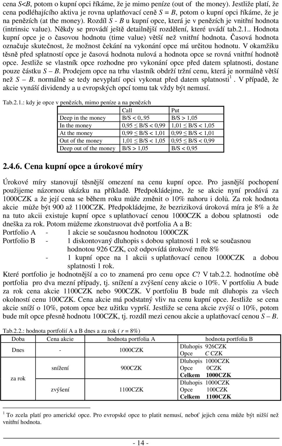 Rozdíl S - B u kupní opce, která je v penzích je vnitní hodnota (intrinsic value). Nkdy se provádí ješt detailnjší rozdlení, které uvádí tab.