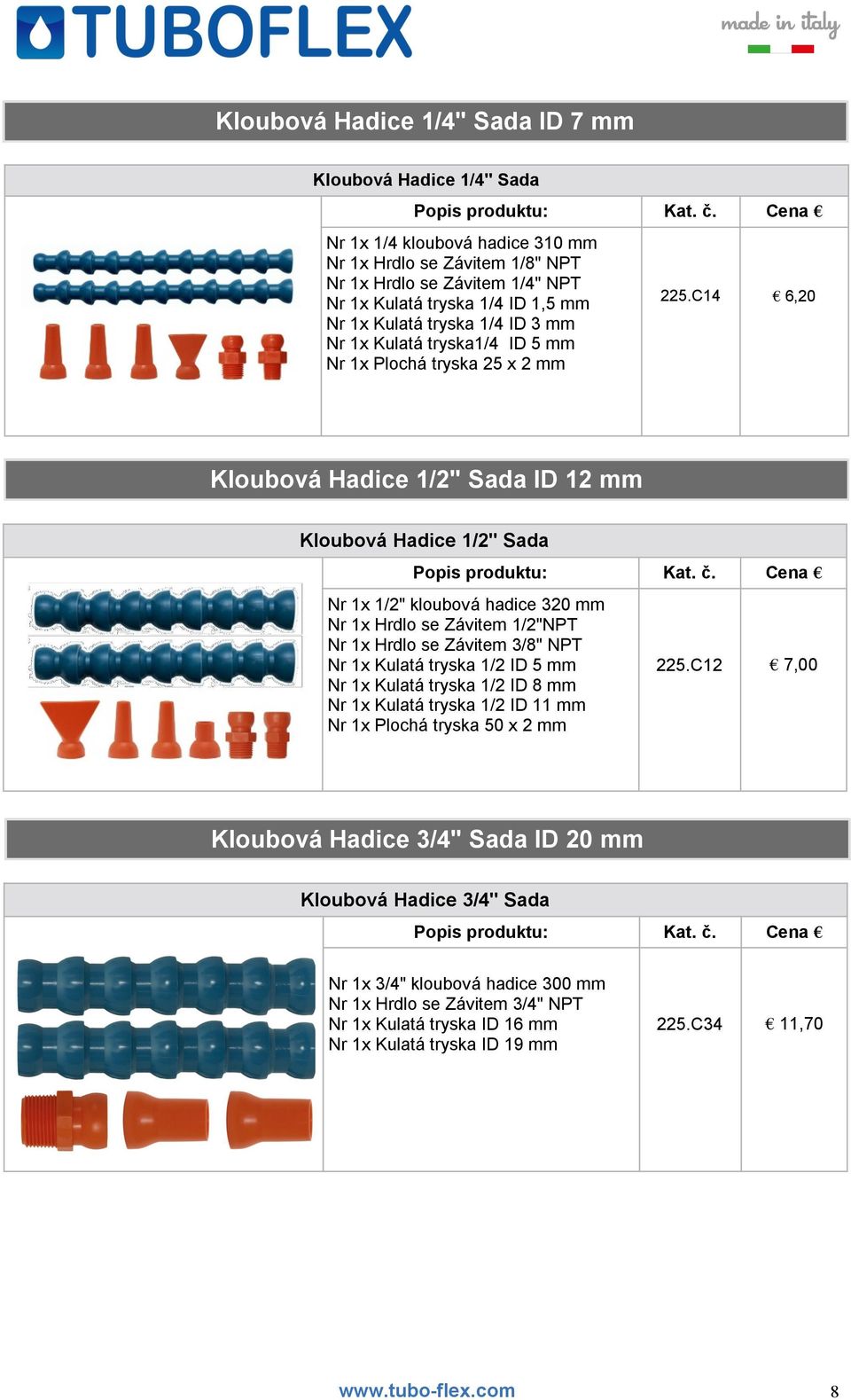 Nr 1x Plochá tryska 25 x 2 mm 225.C14 6,20 Kloubová Hadice 1/2" Sada ID 12 mm Kloubová Hadice 1/2" Sada Popis produktu: Kat. č.