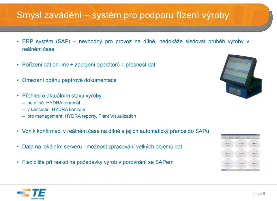 terminál v kanceláři: HYDRA konzole pro management: HYDRA reporty, Plant Visualization Vznik konfirmací v reálném čase na dílně a jejich