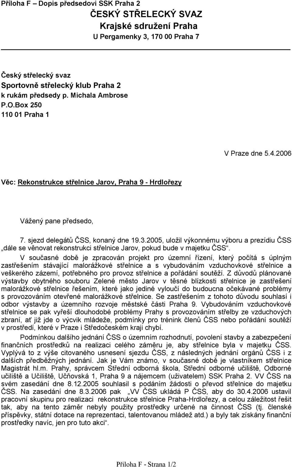 2005, uloil výkonnému výboru a prezídiu ČSS dále se věnovat rekonstrukci střelnice Jarov, pokud bude v majetku ČSS.