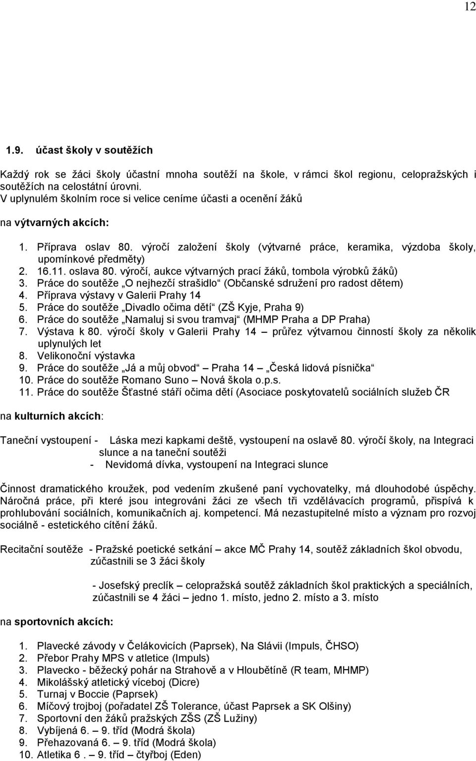 11. oslava 80. výročí, aukce výtvarných prací žáků, tombola výrobků žáků) 3. Práce do soutěže O nejhezčí strašidlo (Občanské sdružení pro radost dětem) 4. Příprava výstavy v Galerii Prahy 14 5.