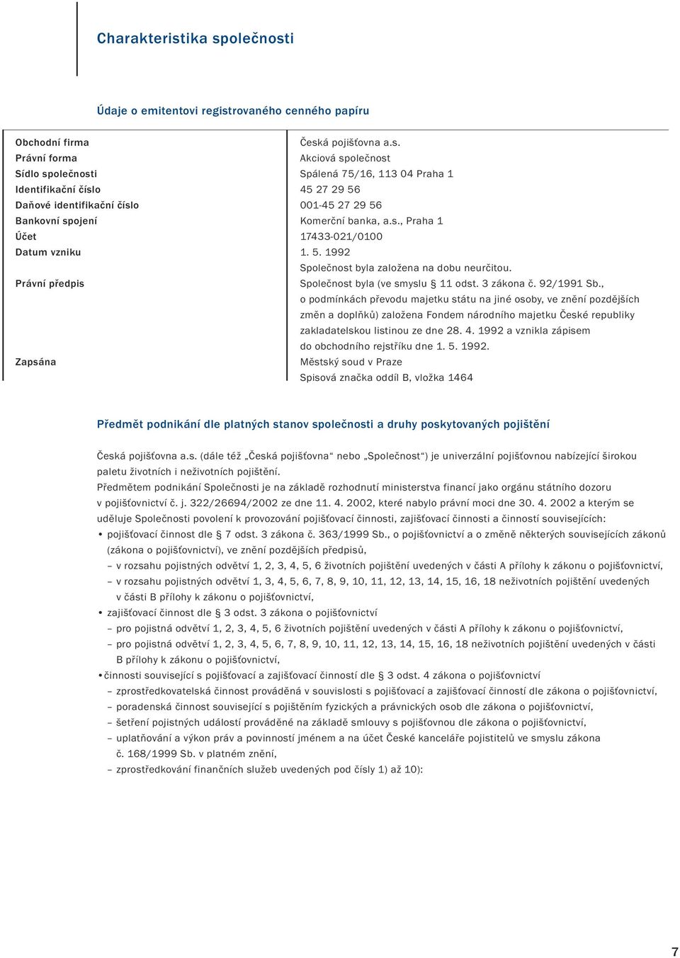 s., Praha 1 Účet 17433-021/0100 Datum vzniku 1. 5. 1992 Společnost byla založena na dobu neurčitou. Právní předpis Společnost byla (ve smyslu 11 odst. 3 zákona č. 92/1991 Sb.