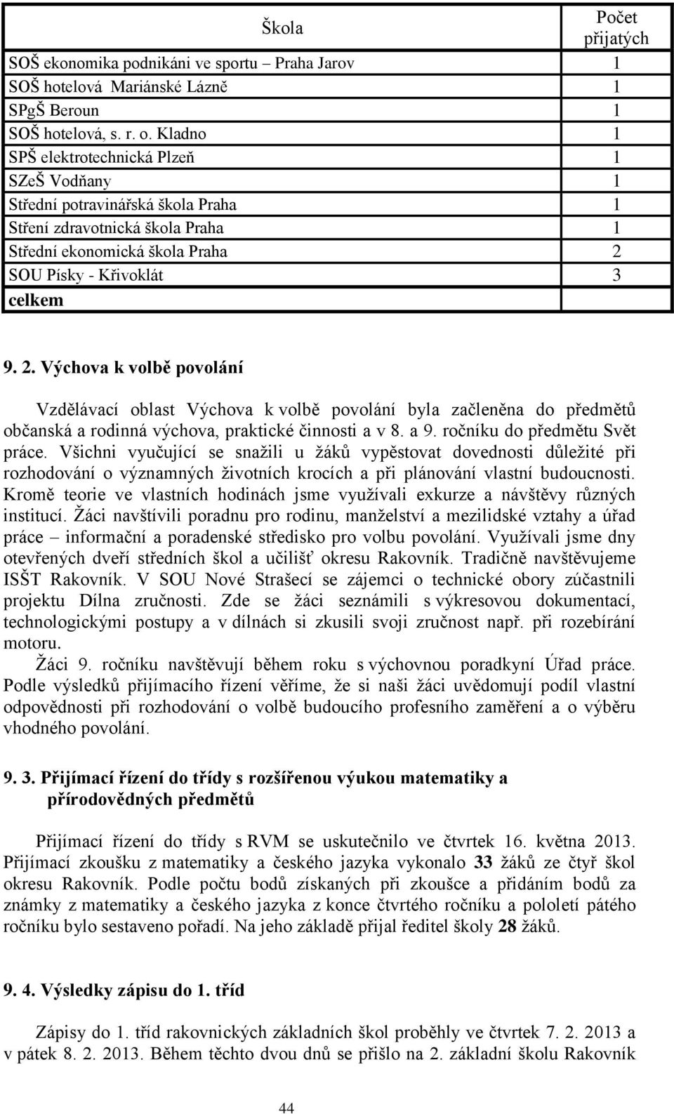 SOU Písky - Křivoklát 3 celkem 9. 2. Výchova k volbě povolání Vzdělávací oblast Výchova k volbě povolání byla začleněna do předmětů občanská a rodinná výchova, praktické činnosti a v 8. a 9.