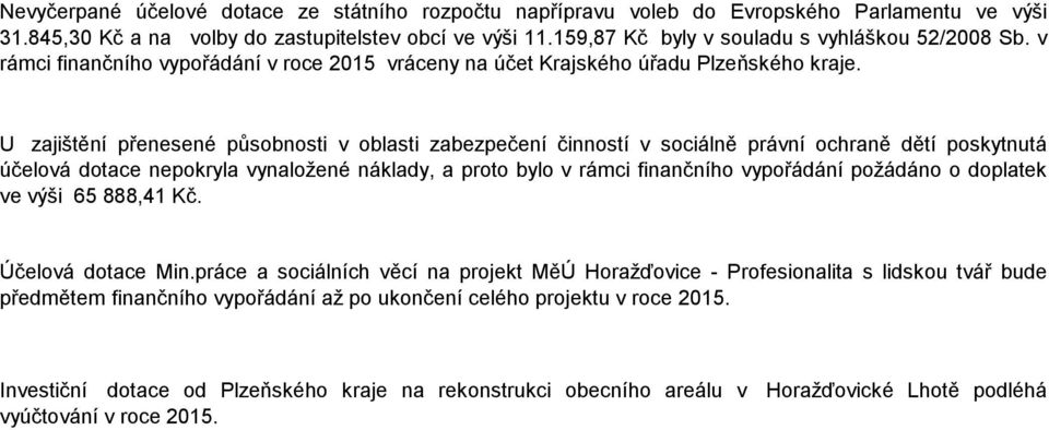 U zajištění přenesené působnosti v oblasti zabezpečení činností v sociálně právní ochraně dětí poskytnutá účelová dotace nepokryla vynaložené náklady, a proto bylo v rámci finančního vypořádání