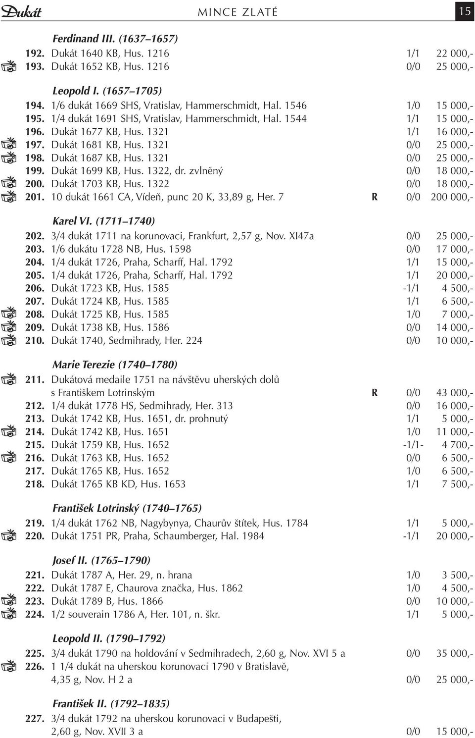 Dukát 1681 KB, Hus. 1321 0/0 25 000,- 198. Dukát 1687 KB, Hus. 1321 0/0 25 000,- 199. Dukát 1699 KB, Hus. 1322, dr. zvlněný 0/0 18 000,- 200. Dukát 1703 KB, Hus. 1322 0/0 18 000,- 201.