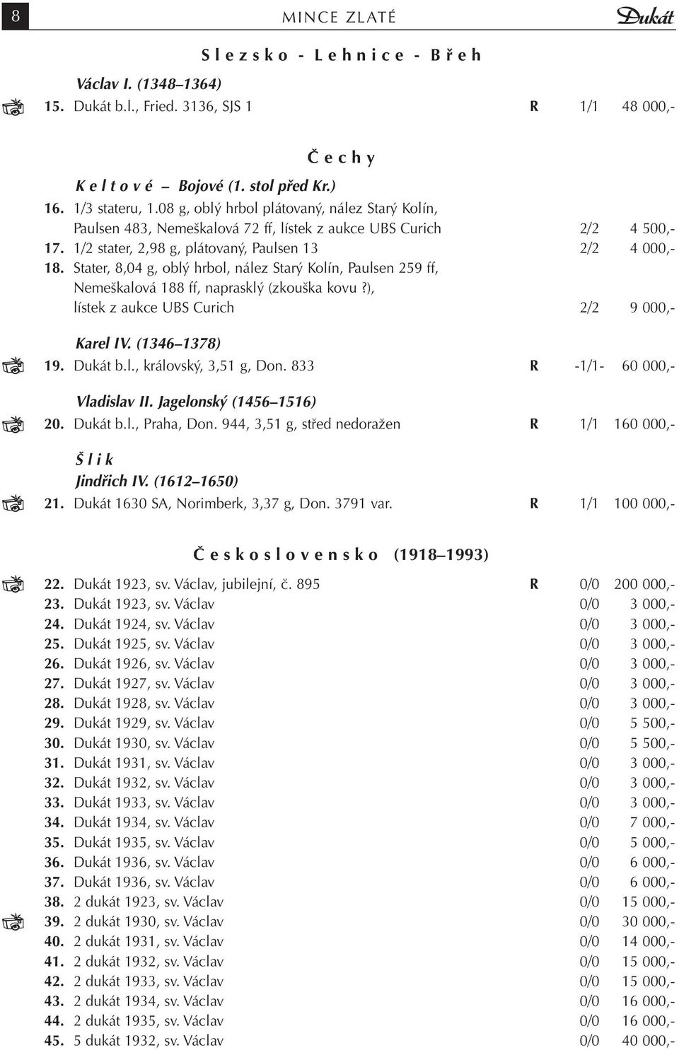 Stater, 8,04 g, oblý hrbol, nález Starý Kolín, Paulsen 259 ff, Nemeškalová 188 ff, naprasklý (zkouška kovu?), lístek z aukce UBS Curich 2/2 9 000,- Karel IV. (1346 1378) 19. Dukát b.l., královský, 3,51 g, Don.