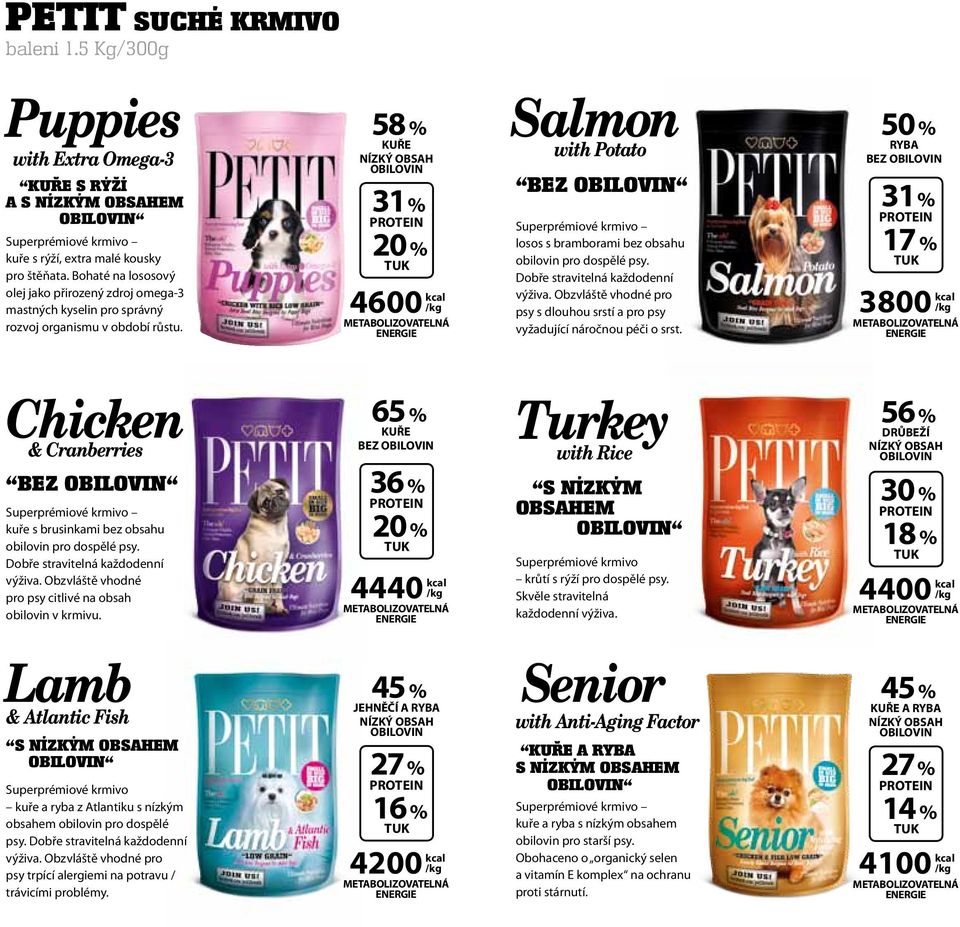 58 % KUŘE NÍZKÝ OBSAH OBILOVIN 31% PROTEIN 20 % TUK 4600 kcal /kg METABOLIZOVATELNÁ ENERGIE Salmon with Potato BEZ OBILOVIN Superprémiové krmivo losos s bramborami bez obsahu obilovin pro dospělé psy.