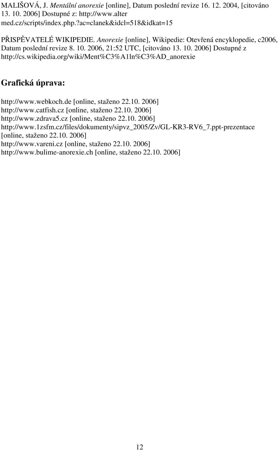 wikipedia.org/wiki/ment%c3%a1ln%c3%ad_anorexie Grafická úprava: http://www.webkoch.de [online, staženo 22.10. 2006] http://www.catfish.cz [online, staženo 22.10. 2006] http://www.zdrava5.