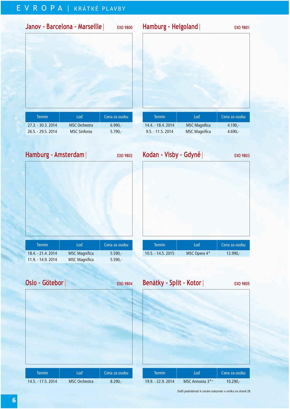 4. - 21.4. 2014 MSC Magnifica 5.590,- 11.9. - 14.9. 2014 MSC Magnifica 5.590,- Termín Loď Cena za osobu 10.5. - 14.5. 2015 MSC Opera 4* 12.