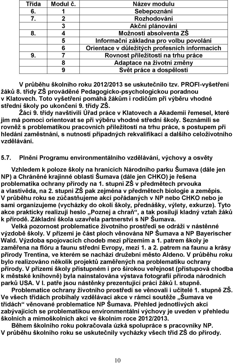 třídy ZŠ prováděné Pedagogicko-psychologickou poradnou v Klatovech. Toto vyšetření pomáhá žákům i rodičům při výběru vhodné střední školy po ukončení 9. třídy ZŠ. Žáci 9.