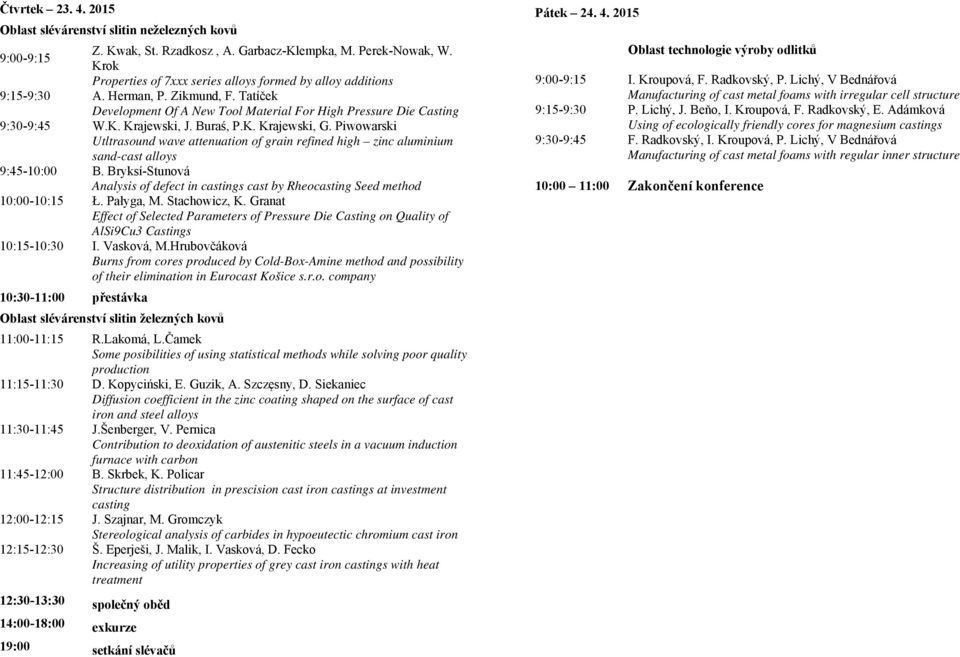 Buraś, P.K. Krajewski, G. Piwowarski Utltrasound wave attenuation of grain refined high zinc aluminium sand-cast alloys 9:45-10:00 B.