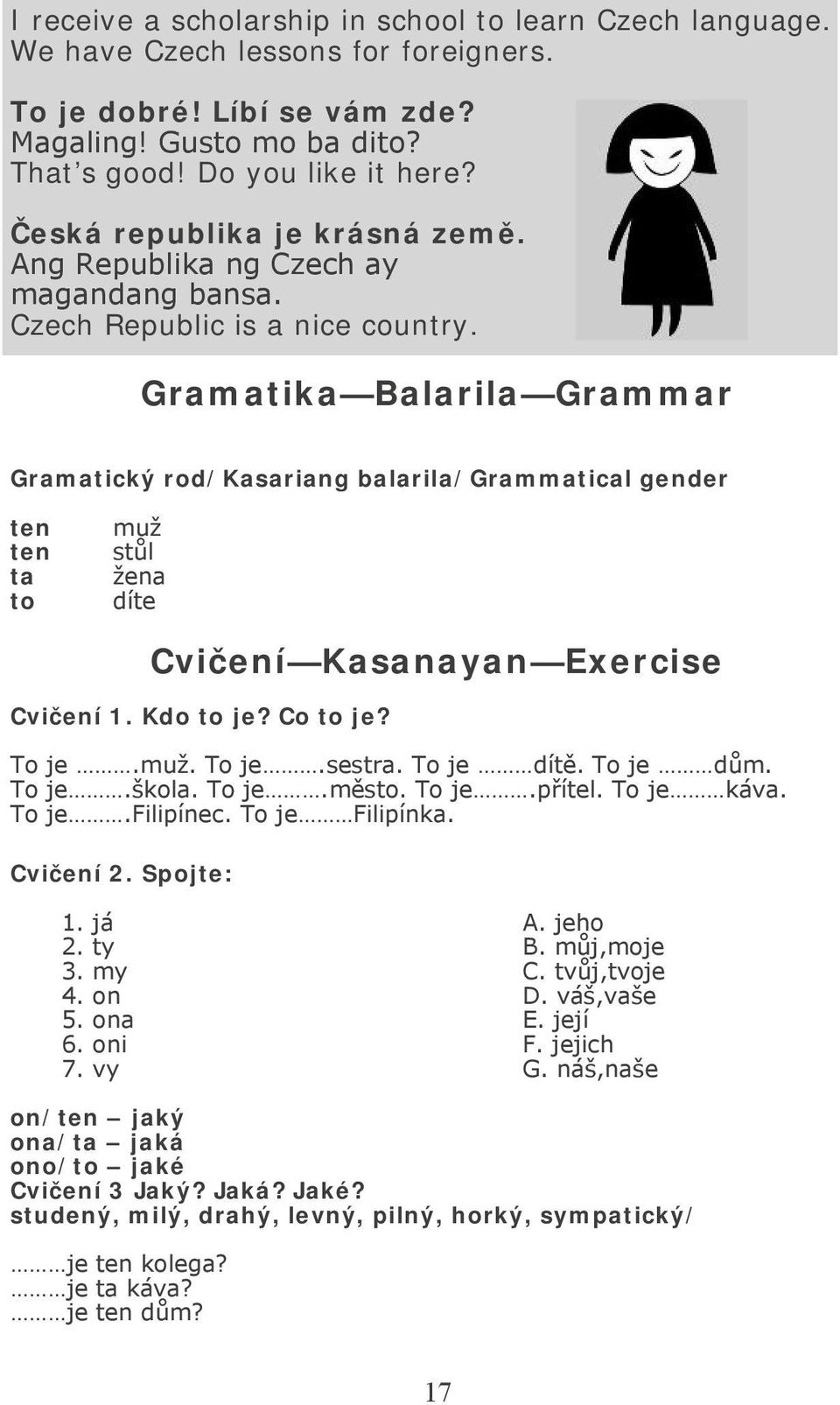 Gramatika Balarila Grammar Gramatický rod/kasariang balarila/grammatical gender ten ten ta to muž stůl žena díte Cvičení Kasanayan Exercise Cvičení 1. Kdo to je? Co to je? To je.muž. To je.sestra.