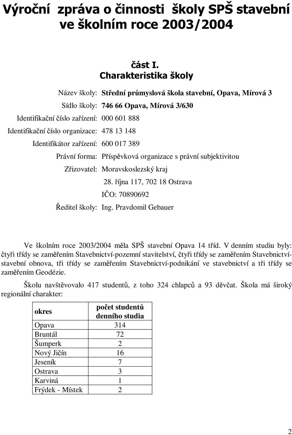 Pravdomil Gebauer Ve školním roce 2003/2004 mla SPŠ stavební Opava 14 tíd.